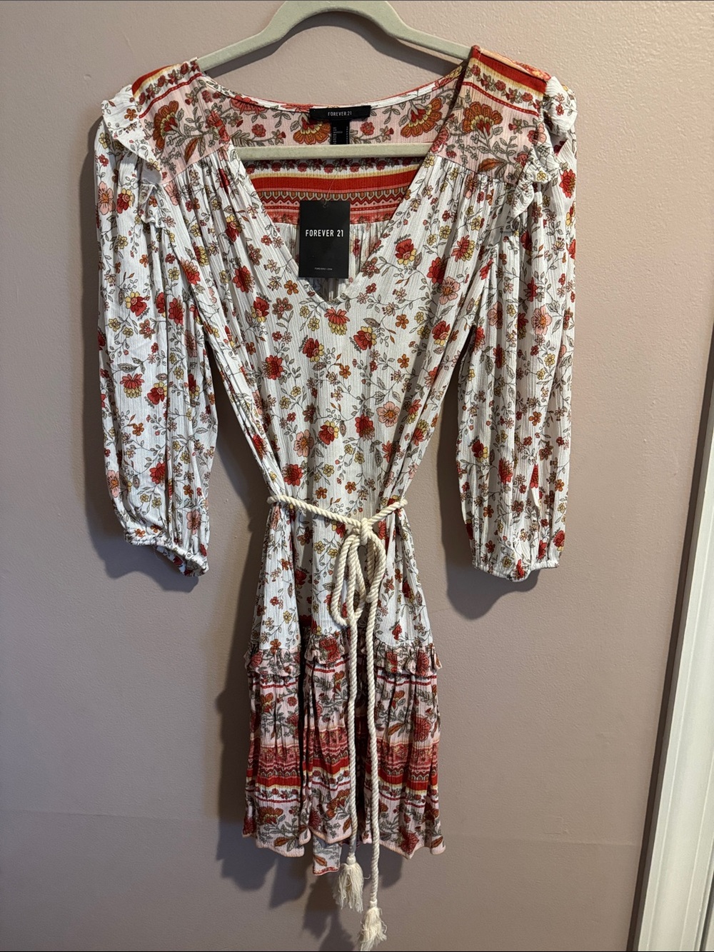 Forever 21  - White Mini Dress with Red & Rust Floral Print